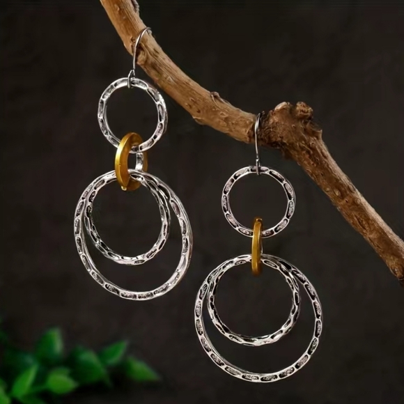 SILVER PLATED Retro Bohemian Style triple hoop drop earrings. - Picture 3 of 9
